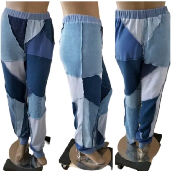 AKIRA 2-Pc Set Off Shoulder Sweater Top & Joggers Denim Patchwork 2X Blue - Picture 4 of 11